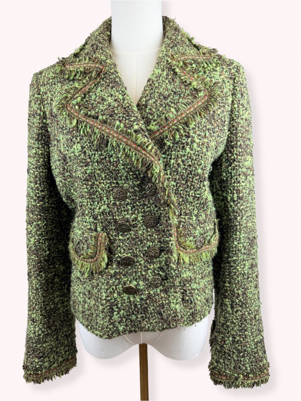 Cynthia Steffe Vintage Green Tweed Fringe Blazer Jacket